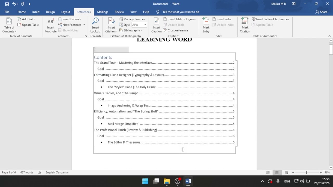  Automatic Table of content, Adding and Editing