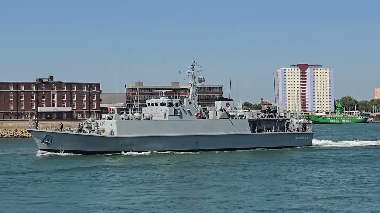UNS Cherkasy (ex HMS Shoreham) sailing out of Portsmouth harbour