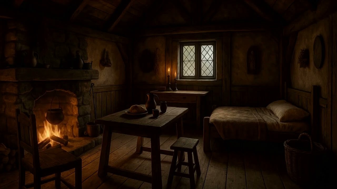 🏰 Medieval Cottage Ambience – Crackling Fireplace, Boiling Kettle & Winter Wind Sounds