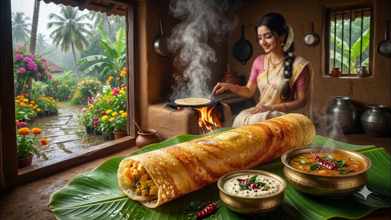 🌧️ Rainy Village Life | Crispy Masala Dosa, Coconut Chutney & Sambar | ASMR