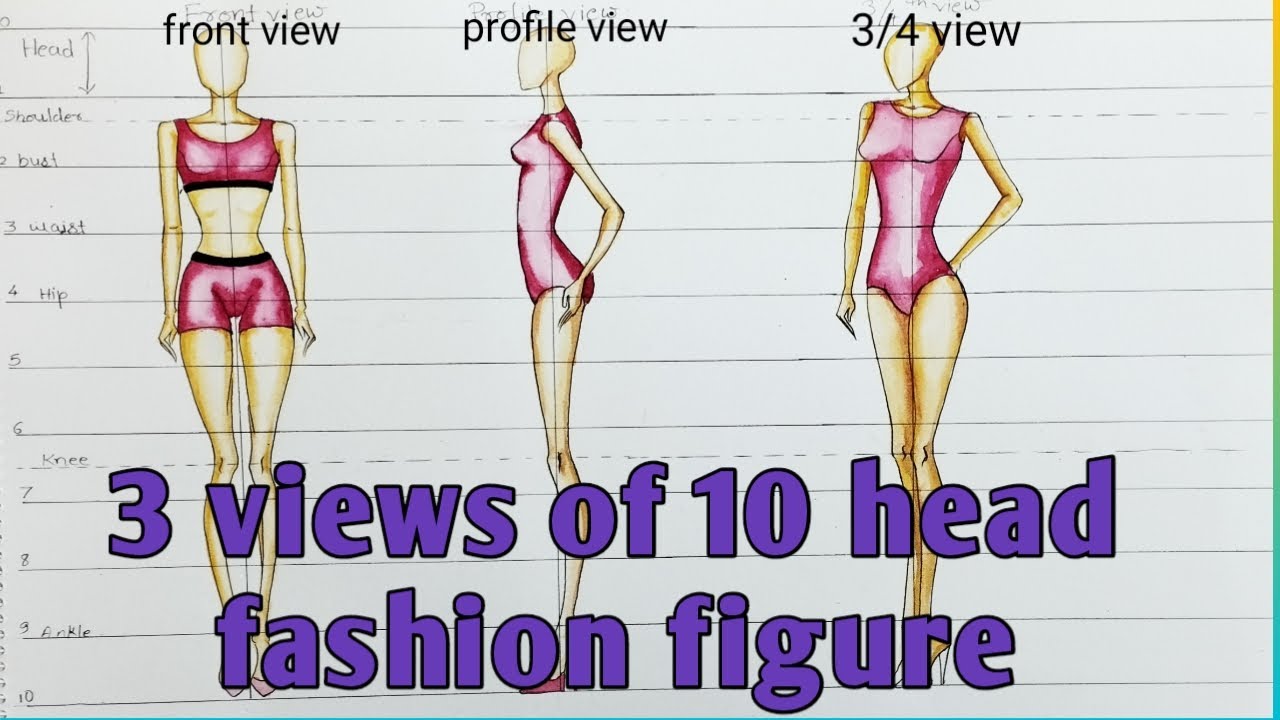 3 views of 10 head fashion figure : front, profile and 3/4 view // by Swetlana Sinha