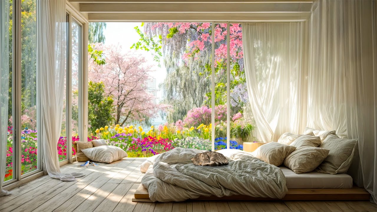 Spring Bedroom ASMR Ambience 🍀 Relaxing Morning in Bed Overlooking the Lake – Gentle Bird Sounds 🕊️🌿