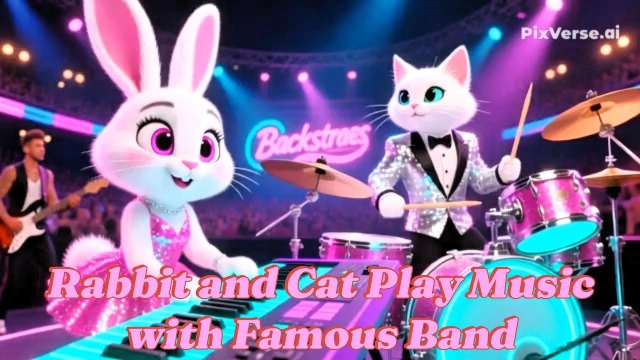 🎸❤️Rabbit and Cat Play Music with Famous Band❤️🎸