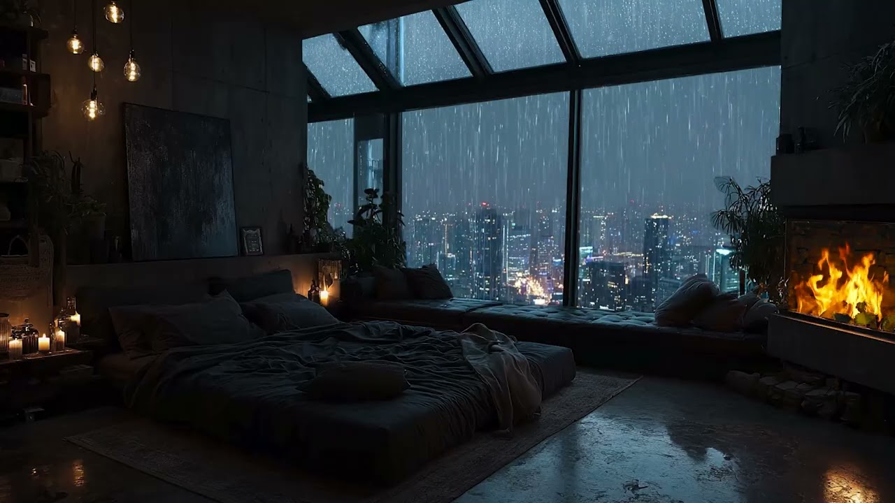 Hours Relaxing Piano with Rain & Crackling Fireplace 🌧️🔥 Cozy Night for Deep Sleep