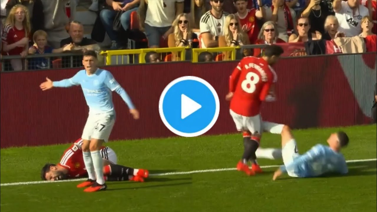 phil foden red card vs manchester united vs manchester city for kick foul on bruno fernandes
