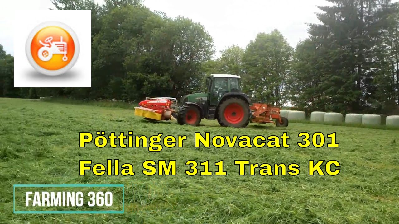Fendt 415 Vario working with Pöttinger Novacat 301 Alpha Motion front and Fella SM 311 rear mowers