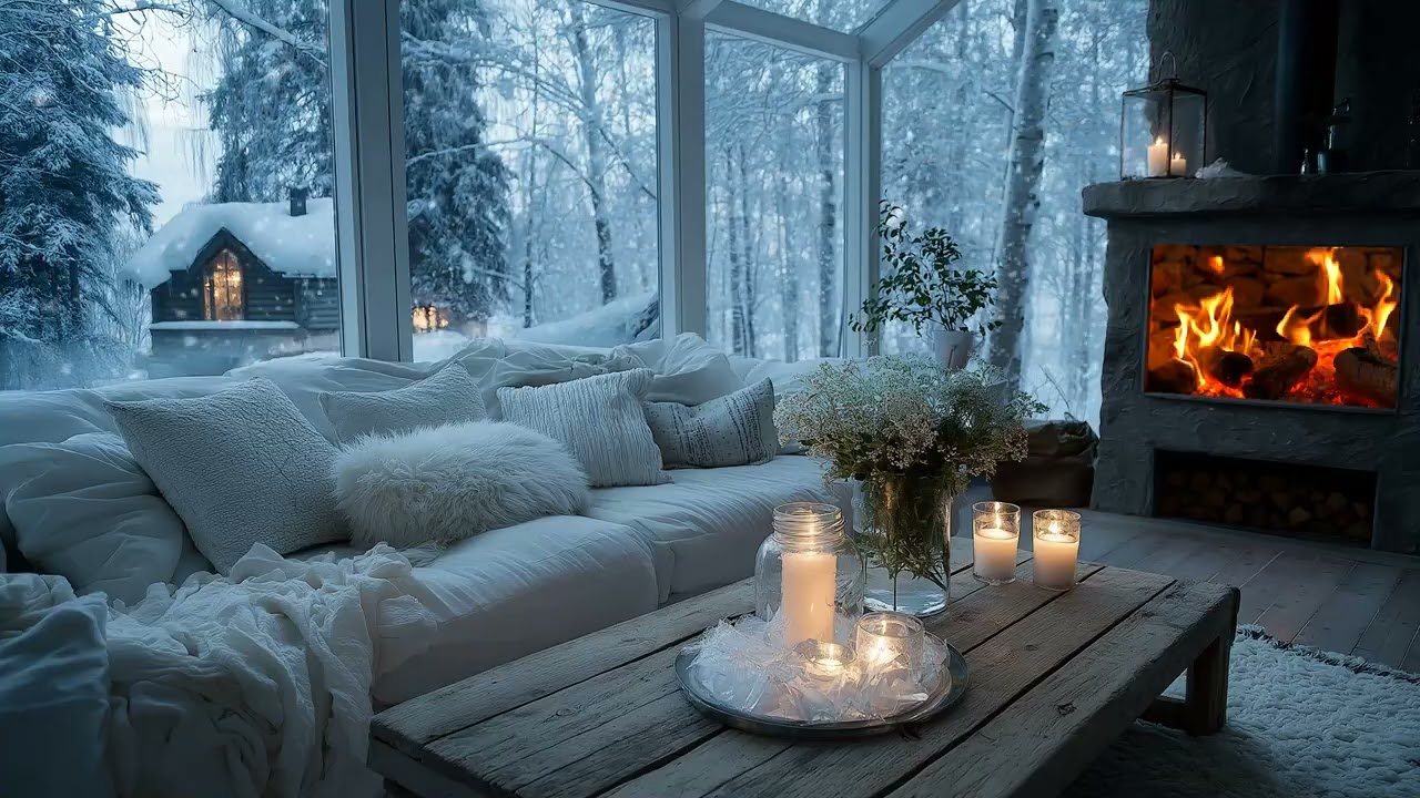 Soft Piano Winter Ambience 🎶 | 5 Hours White Lounge & Falling Snow | Relax Study Calm Meditation