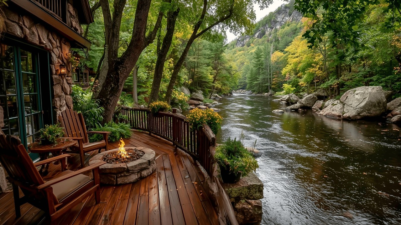 Spring Riverside Porch Campfire | Relaxing Nature Sounds Ambience
