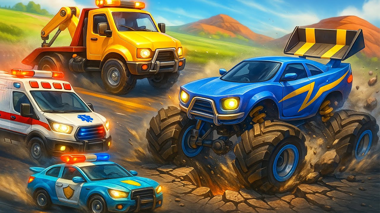 Monster Truck Stuck !! 🚓 Police Car & Crane Save | Police Vehicles fleet Cartoon