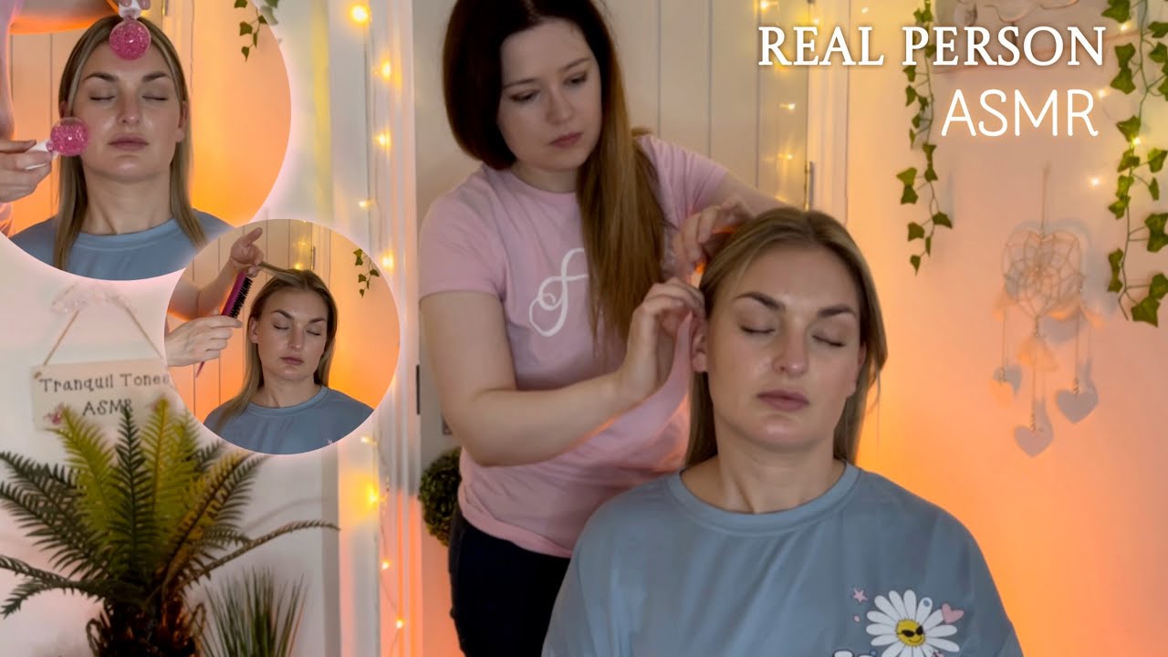 ASMR Real Person Hair Brushing, Hair Perfecting, Hair Behind The Ear, Face Brushing & Ice Globes