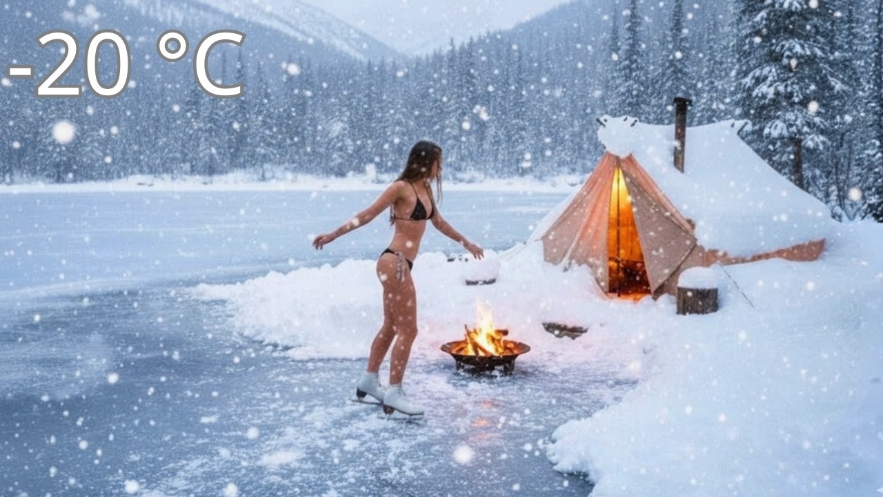 Girl Solo Camping ❄️ Gliding on Ice — Winter Camping on a Frozen Lake | Natural ASMR