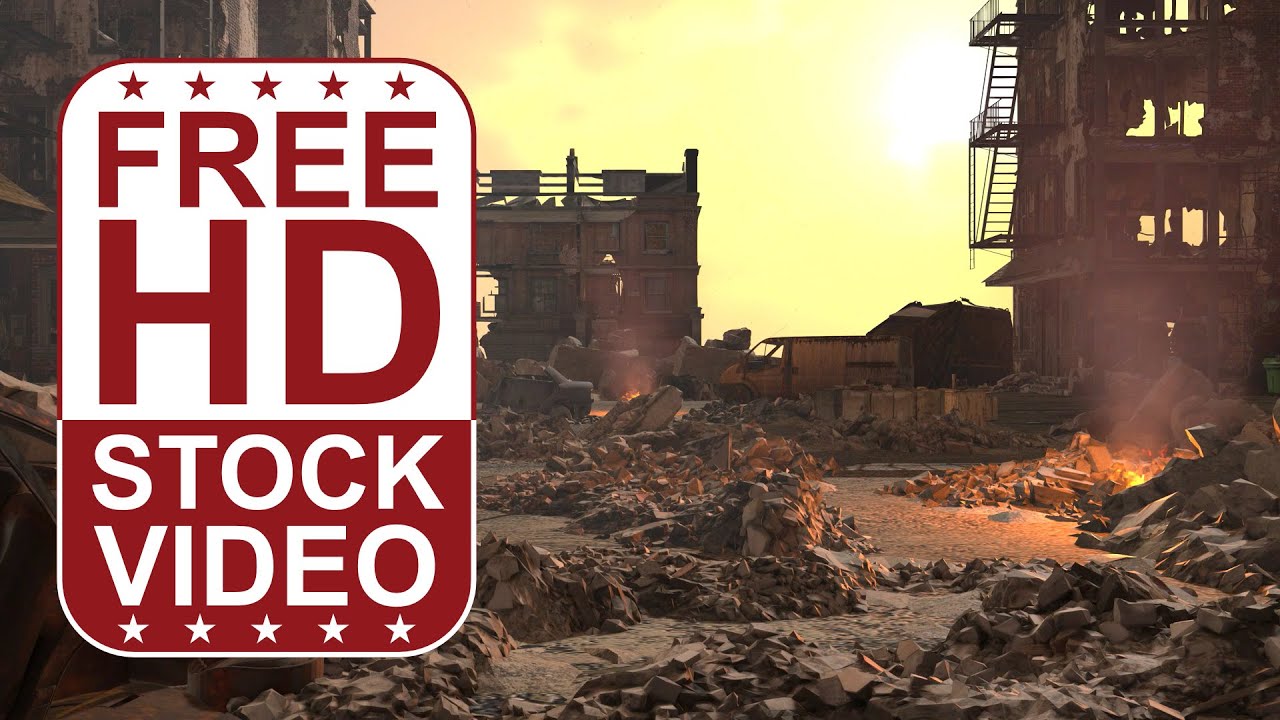 Free Stock Videos &ndash; post-apocalyptic dystopian destroyed city with smoke and fire particles 3D
