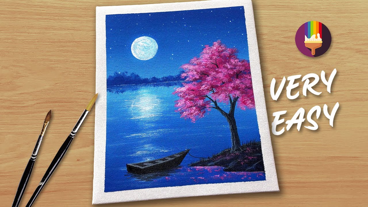 Very Easy Cherry Blossom Night Sky Tutorial | Simple Acrylic Painting
