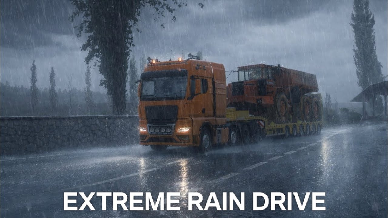 Massive Truck Carrying Giant Machine in Heavy Rain 🚛⚡