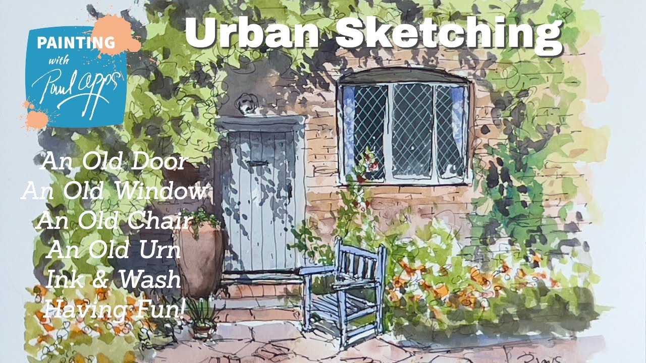 An Ink and Wash/Urban Sketch of an Old Door - Old Window - Old Chair & an Old Urn.