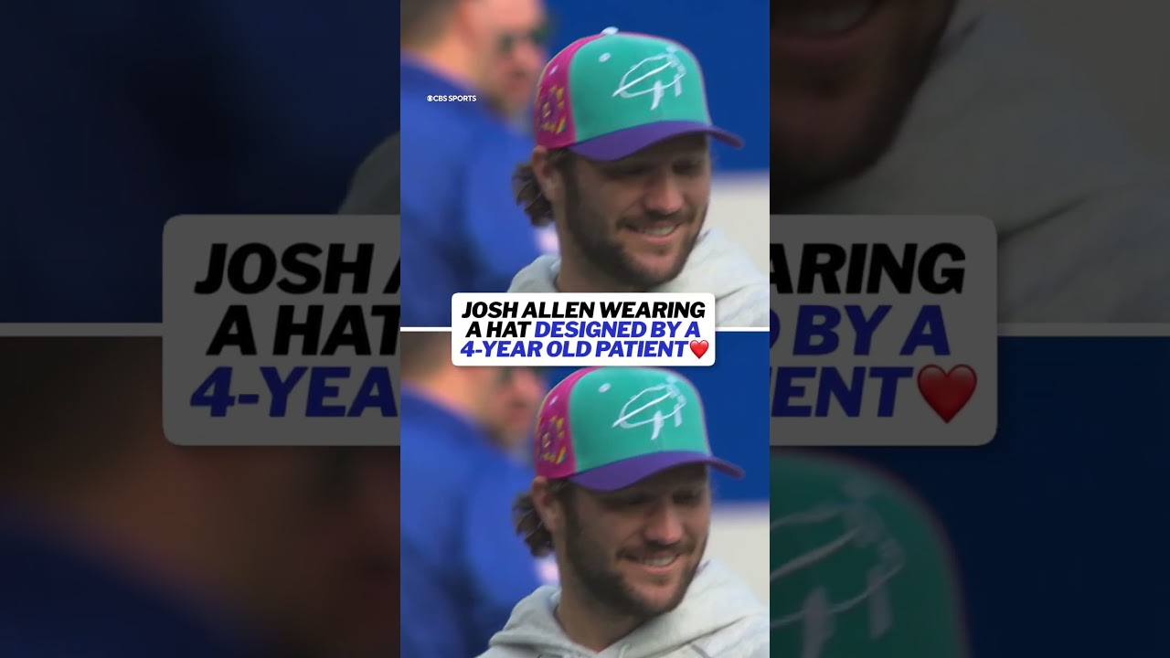 Josh Allen wearing a hat designed by patient at Buffalo&rsquo;s Golisano Children&rsquo;s Hospital ❤️💙