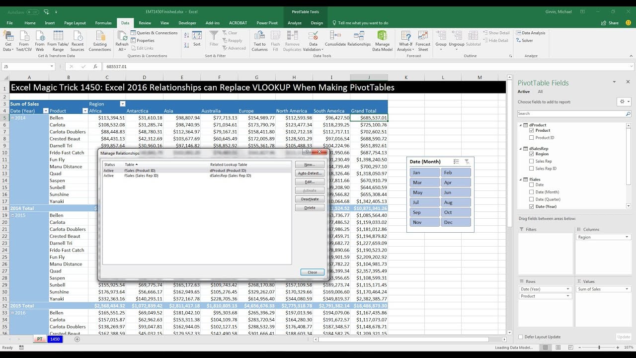 Excel Magic Trick 1450: Replace VLOOKUP When Making PivotTables with Excel 2016 Relationships