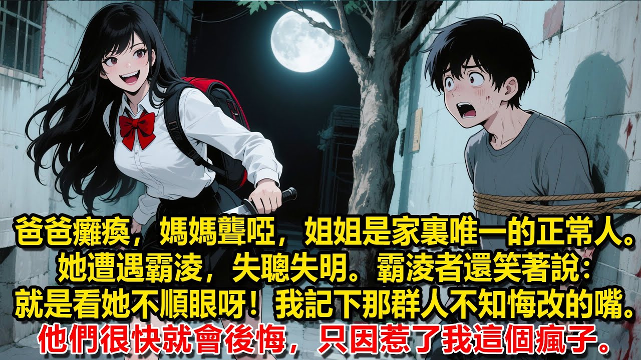 爸爸癱瘓，媽媽聾啞，姐姐是家裏唯一的正常人。她遭遇霸淩，失聰失明。霸淩者還笑著說：就是看她不順眼呀！我記下那群人不知悔改的嘴臉。他們很快就會後悔，只因惹了我這個瘋子。
