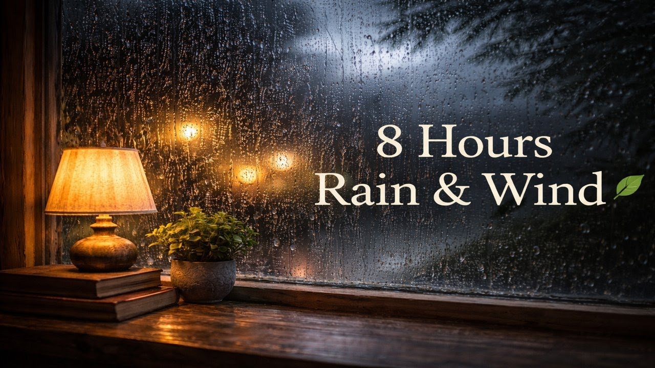 8 Hours Rain on Window with Gentle Wind 🍃 Cozy Night Sounds for Sleep