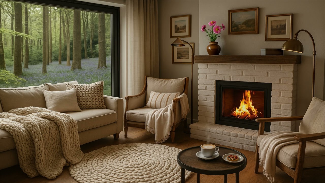 Cozy Living Room Fireplace Ambience with Forest View | Crackling Fire Sounds, No Music