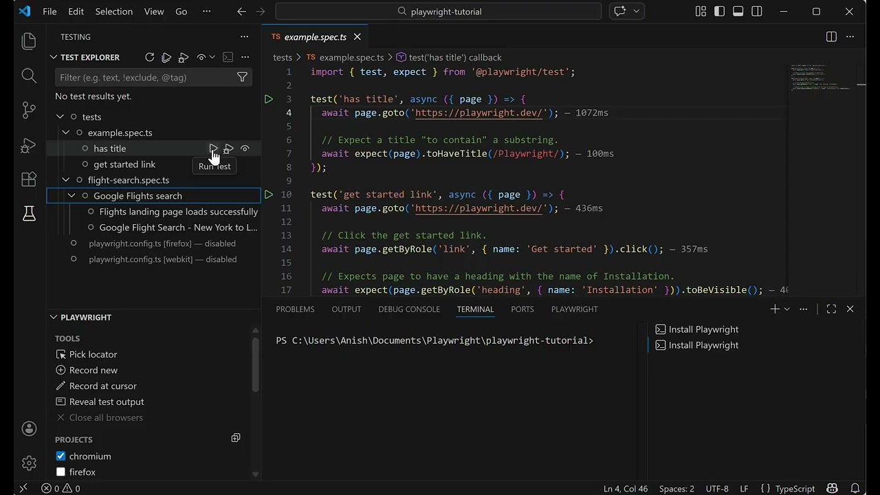 Different options to run playwright tests in vscode