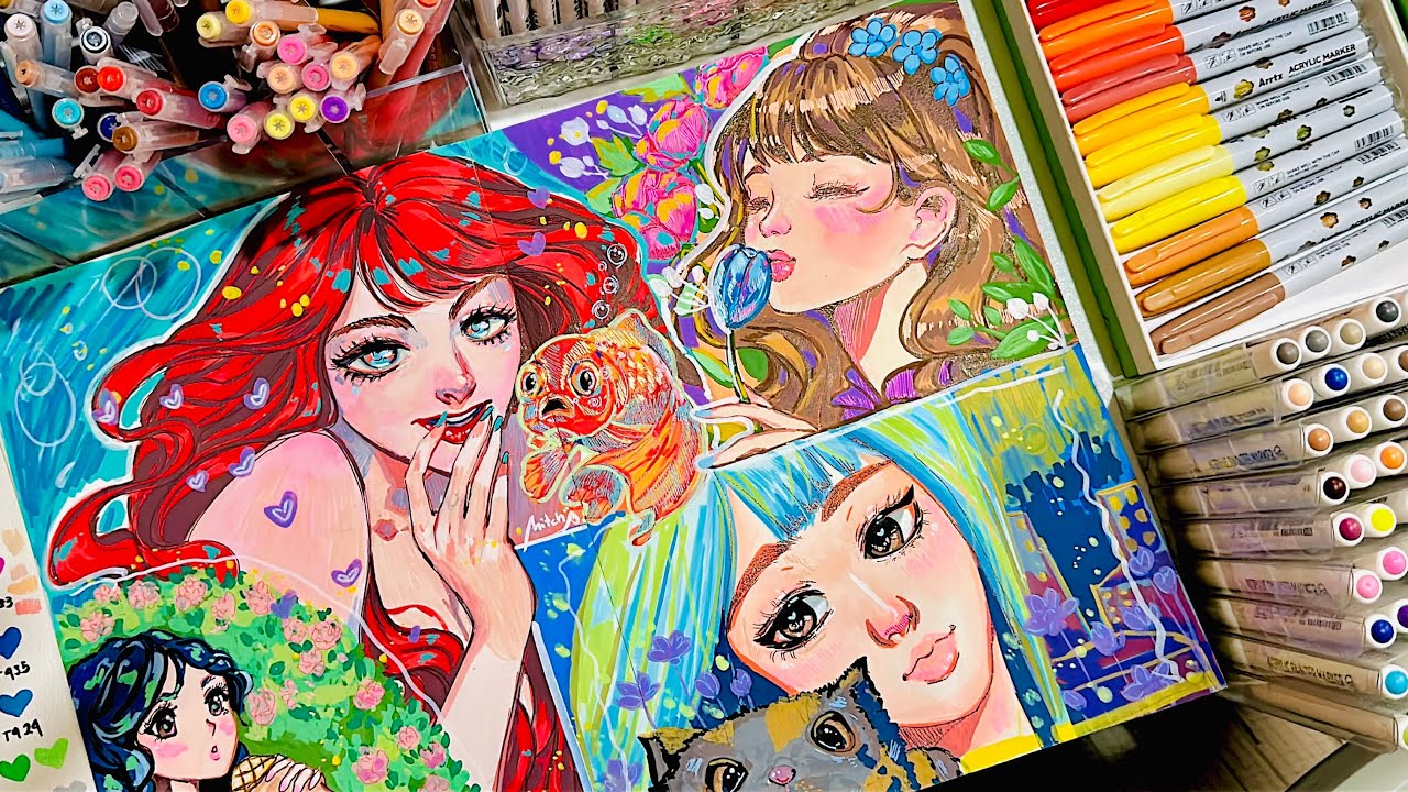 filling a sketchbook spread || Blending with Acrylic Markers || Arrtx, Languo, and cheap markers