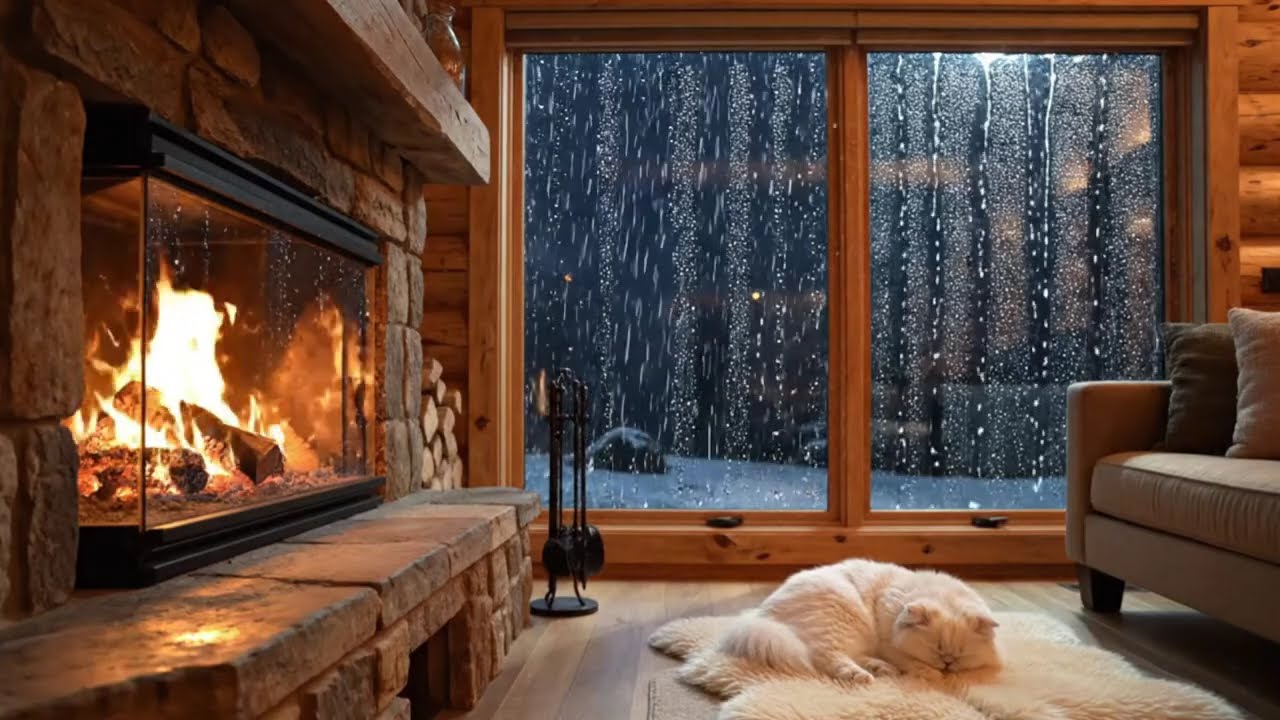 🌧️ Cozy Rain Night and Fireplace ASMR 4K | Cozy Sleeping Cat.