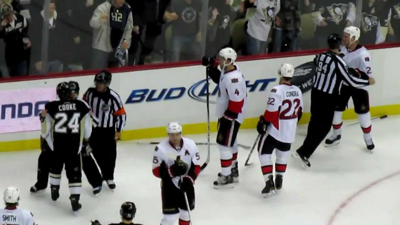 Matt Cooke Gets Assaulted by Chris Neil - Retaliation for Karlsson Injury