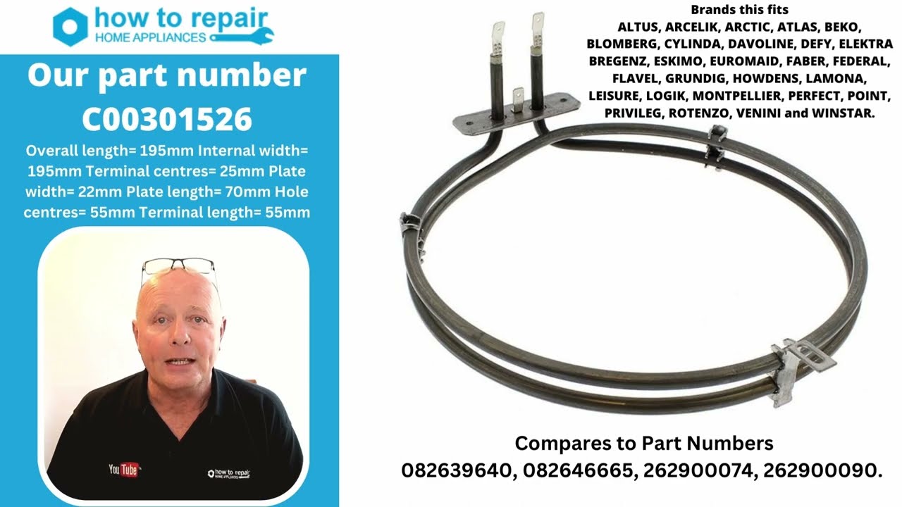 C00301526 cooker fan oven element 360 view + measurements 082639640, 082646665, 262900074, 262900090