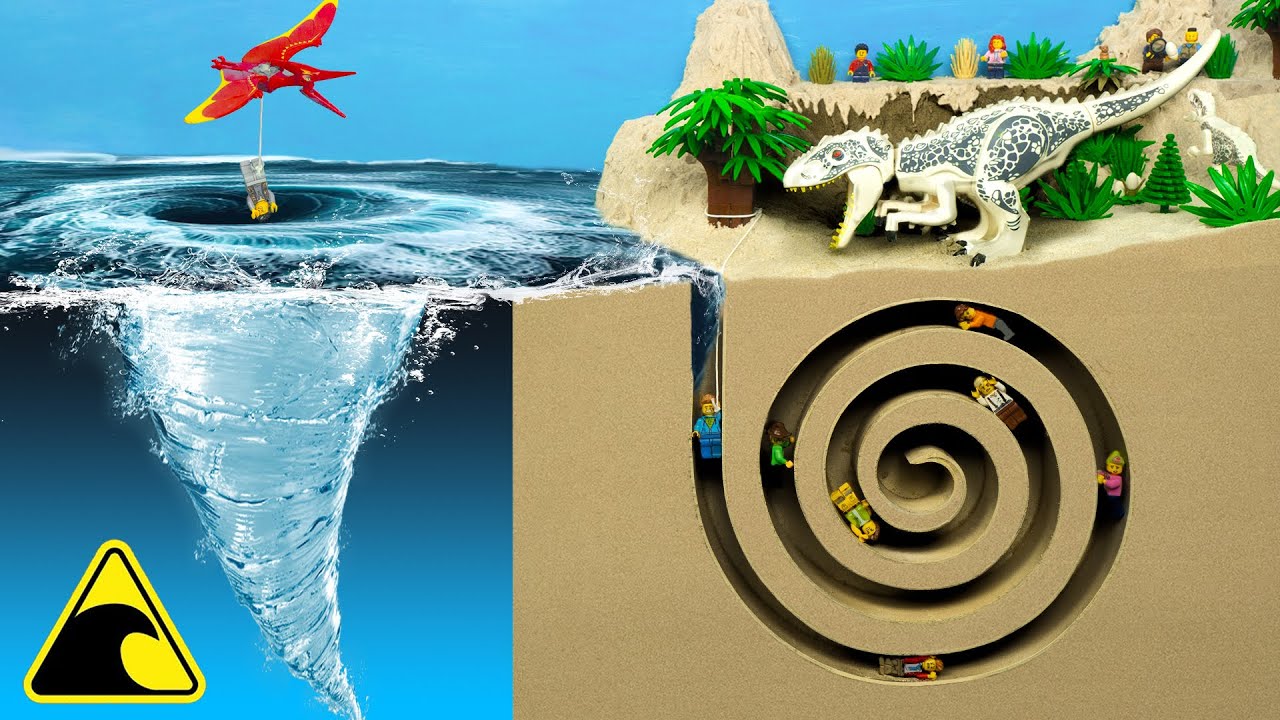 Dinosaur Explorers Trapped in Spiral Cave | Water Vortex Dam Breach Experiment | Lego Flood Disaster