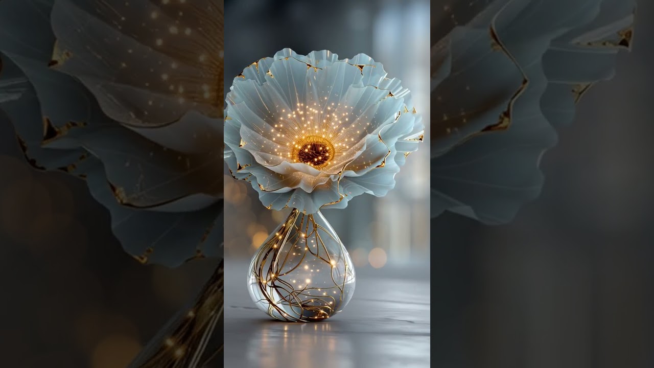 macro photo of a single exotic flower made of crystal glass and gold metal circuitry, photo-reali...