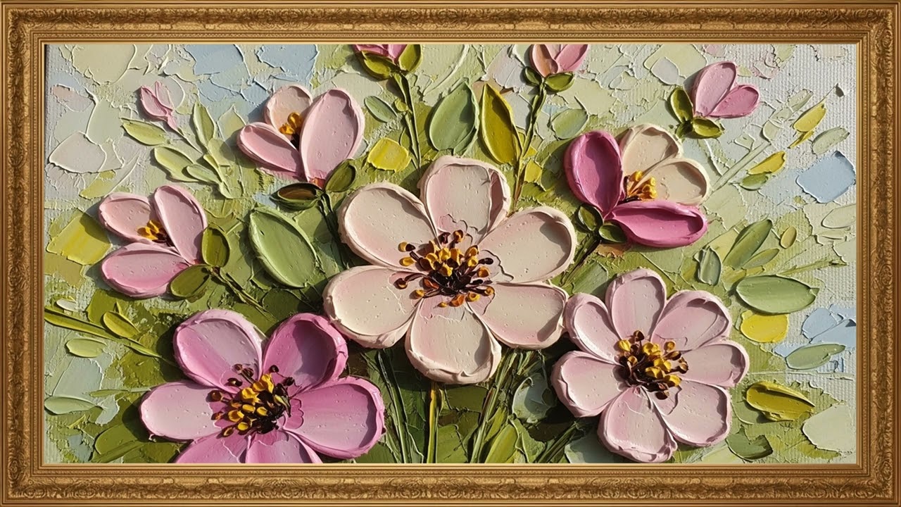Cream & Pink Textured Blossom Canvas | Detailed Impasto Style