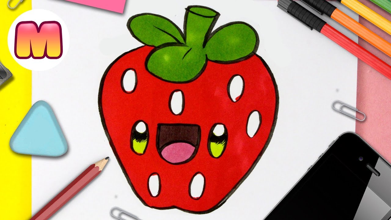 COMO DIBUJAR UNA FRESA KAWAII - dibujos kawaii faciles - aprender a dibujar comida kawaii