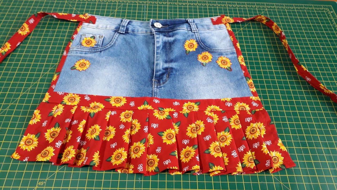 Avental com jeans velhos, passo à passo.