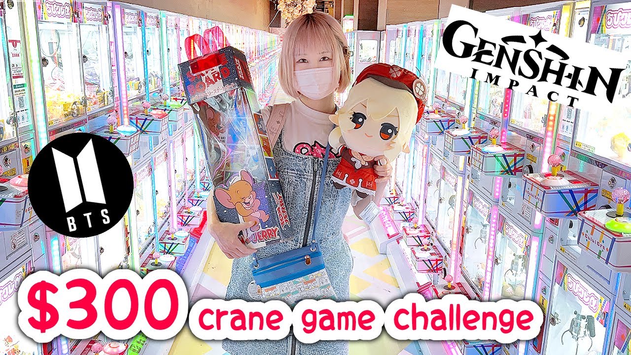 I almost cried... $300 CRANE GAME CHALLENGE with camera man - BTS, Genshin IMPACT and more!
