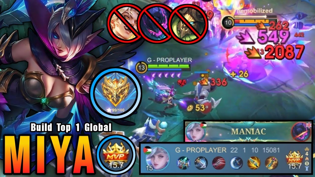 22 Kills + MANIAC!! Monster Gold Lane Miya Brutal Critical Damage!! - Build Top 1 Global Miya ~ MLBB