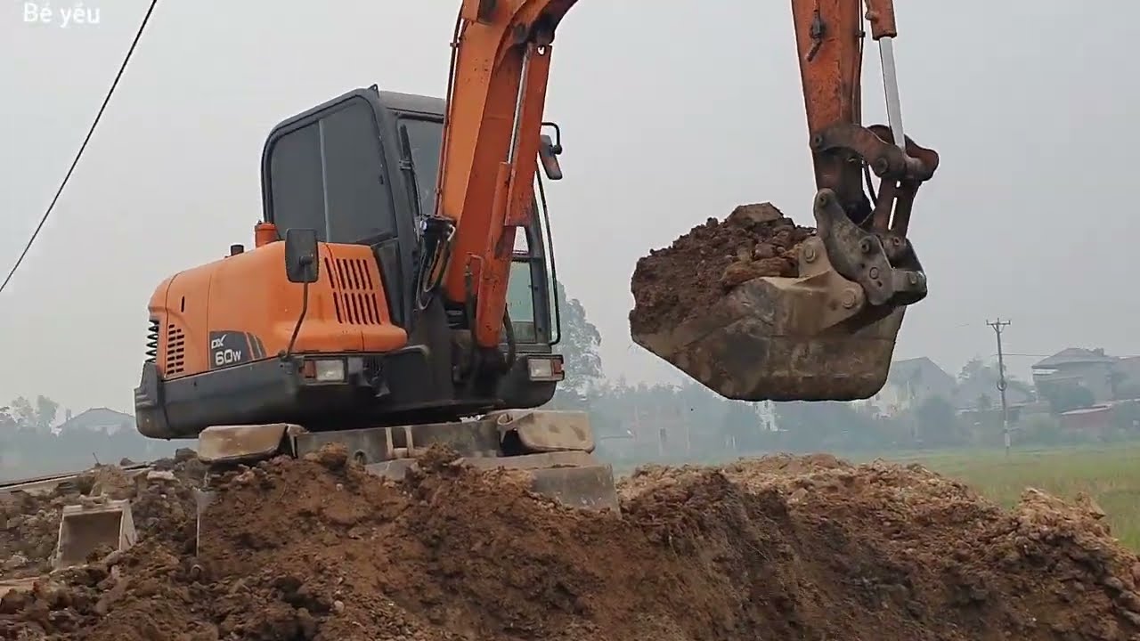 Máy xúc làm việc, xúc đất lên xe tải chở đi chỗ khác