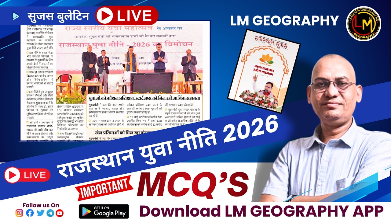 सुजस बुलेटिन | राजस्थान युवा नीति - 2026 | महत्वपूर्ण MCQ's | By Madhusudan Sir #ras2026 #rpsc #gk