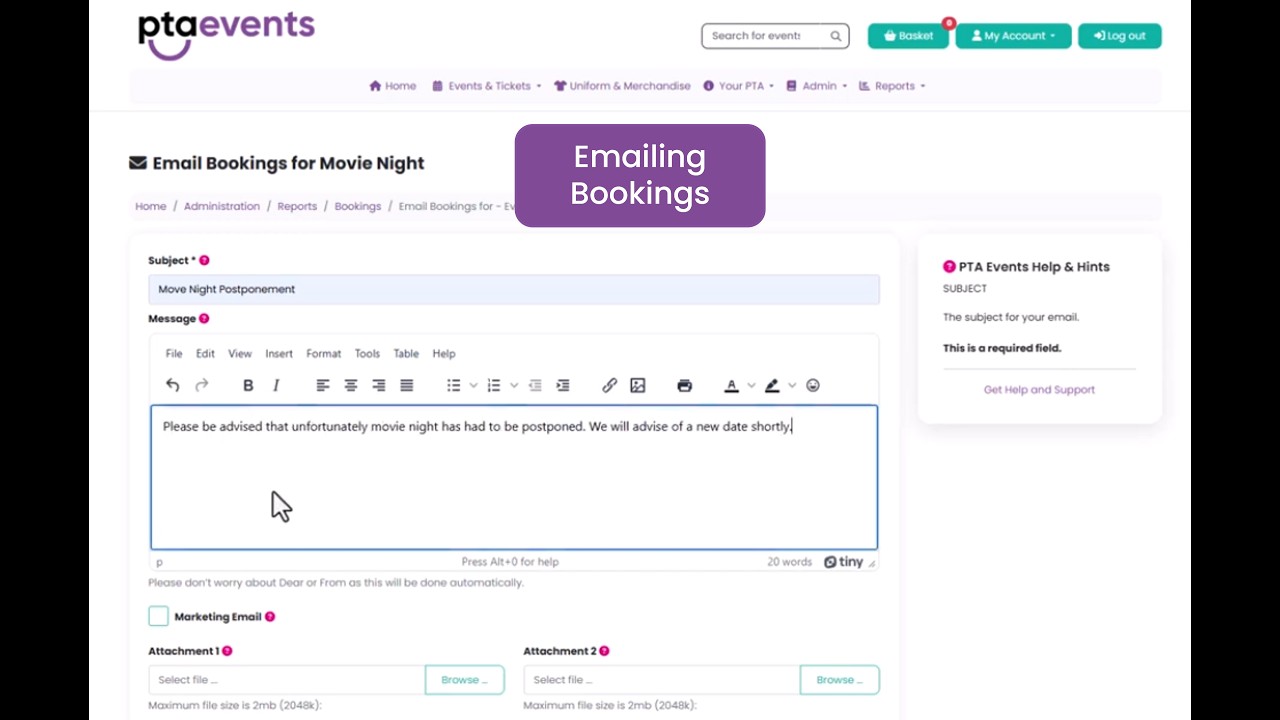 PTA Events Tutorials - How do I email customers that have made a booking