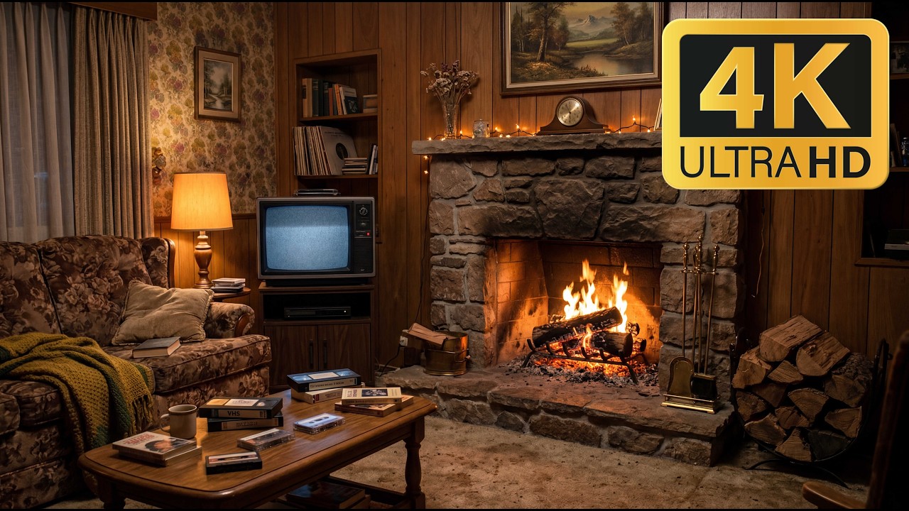12H Live Retro Fireplace 4K 📺 80s/90s Vintage Living Room, Cozy Fire Ambience (No Music)