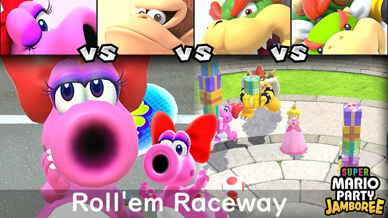 Super Mario Party Jamboree Birdo vs Donkey Kong vs Bowser vs Bowser Jr in Roll'em Raceway