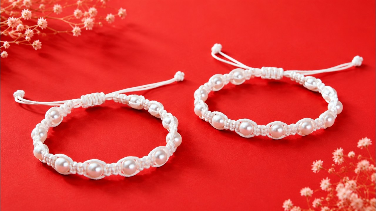 Como hacer una Pulsera de hilo simple con perlas✧* NUDO PLANO (Macrame)