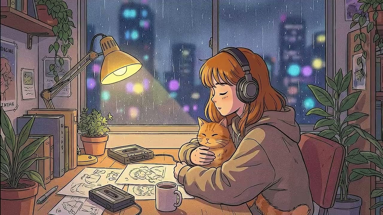 4 Hours of LOFI Music to SOOTHE Your Soul with Girl, Cat & Rain