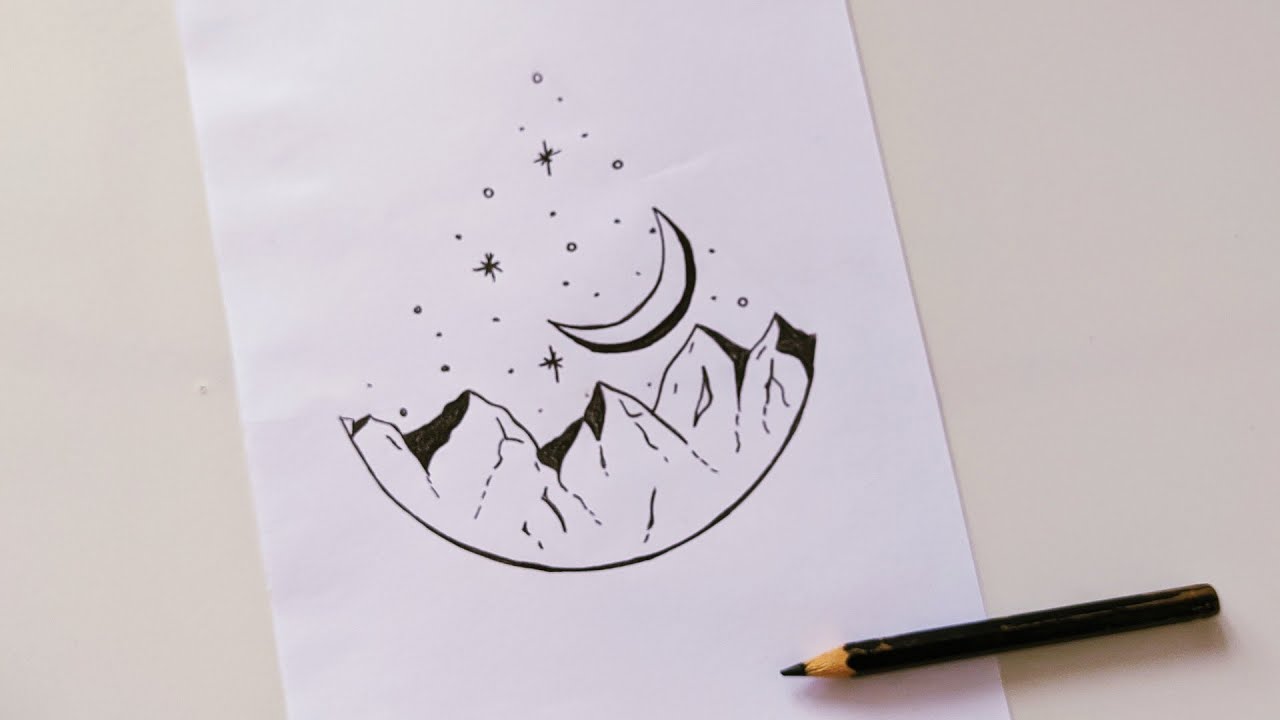 Como desenhar montanhas e um céu estrelado, dentro do círculo. Fácil e Simples. Desenho de Paisagens