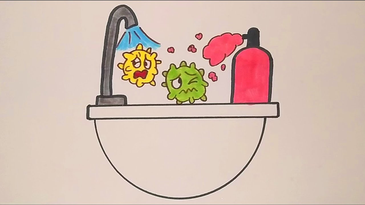 رسم فيروس كورونا وهو خائف من الماء و الصابون //رسم سهل