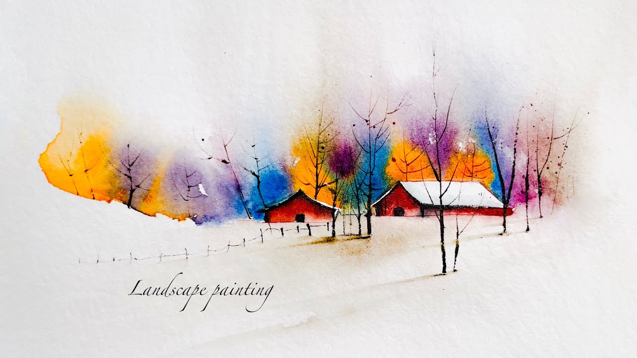 fantasy painting with a simple technique . huts and trees. watercolor painting