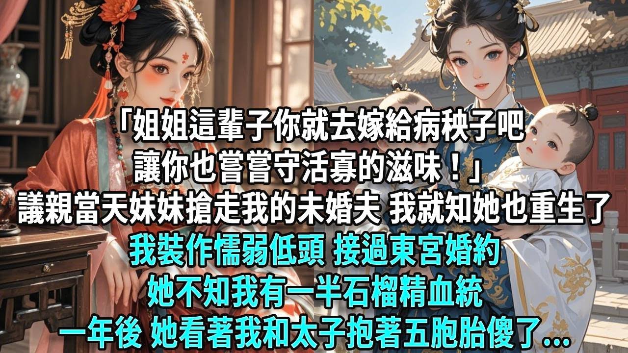 「姐姐這輩子你就去嫁給病秧子吧，讓你也嘗嘗守活寡的滋味！」議親當天，妹妹搶走我的未婚夫，我就知道她也重生了。我裝作懦弱低頭，接過東宮婚約，她不知我有一半石榴精血統，一年後，她看著我和太子抱著五胞胎傻了