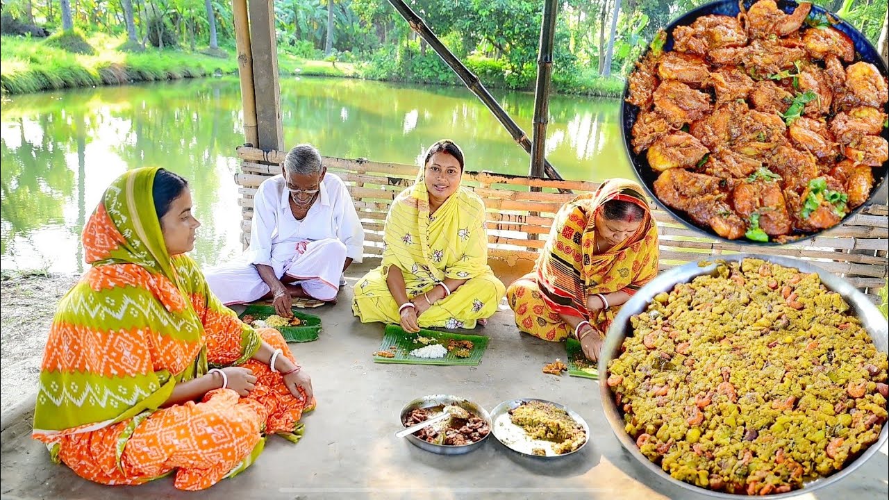 চিংড়ি মাছের ভুনা সাথে কলা থোড়ের ডালনা একদম গ্রাম্য দুটি রান্না সাথে দুপুরে খাওয়া দাওয়া