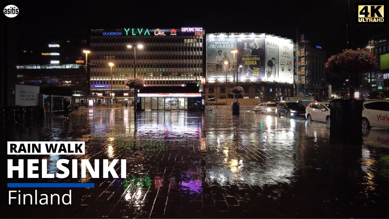 Rain Walk at Night in Helsinki Finland - City Center (Binaural Rain Sounds Umbrella ASMR)