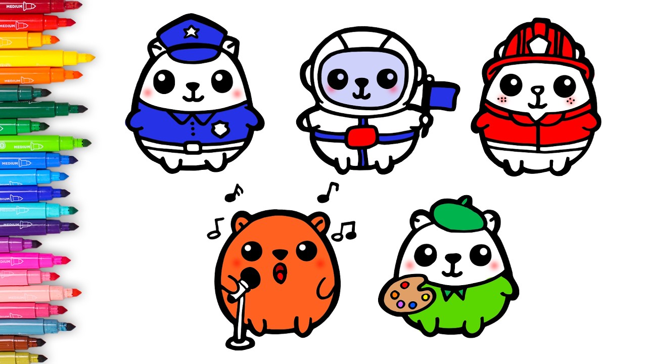Dibuja y Colorea 🌈 Aprende las Profesiones con CAPIBARAS Kawaii 🚔🚒